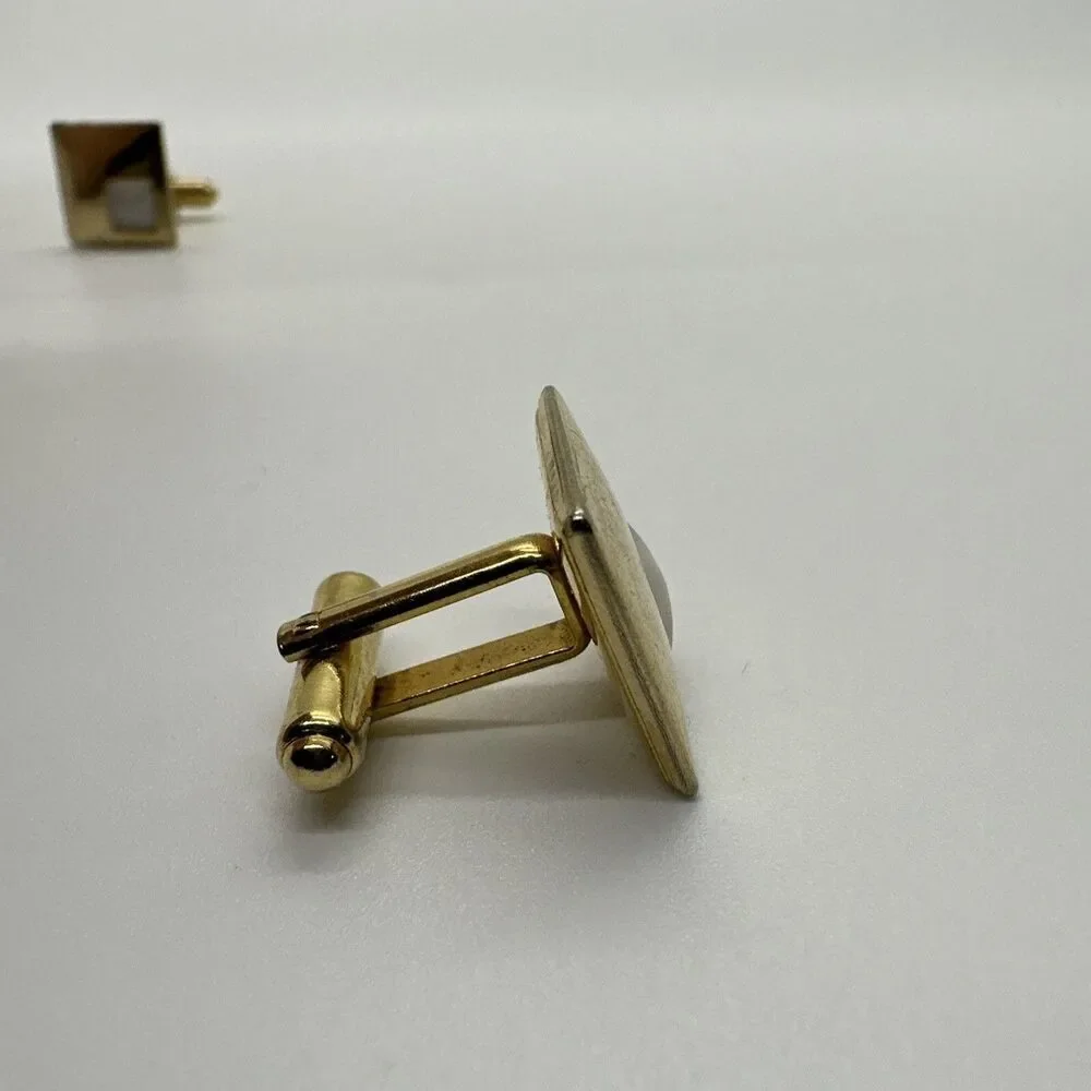 Vintage Gold Cufflinks With Matching Tie Clip White gem Antique Set